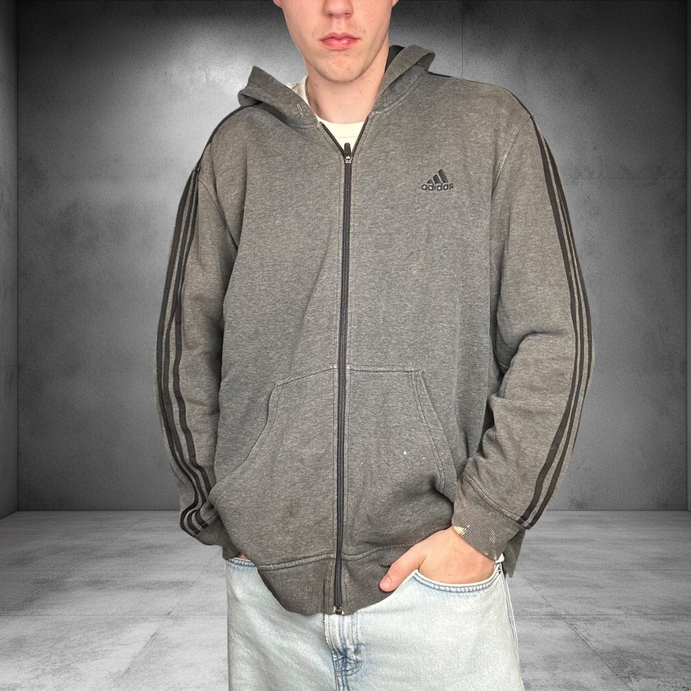 Vintage Adidas Zip Up Hoodie Grey Three Stripe Distressed Y2K XL 1813